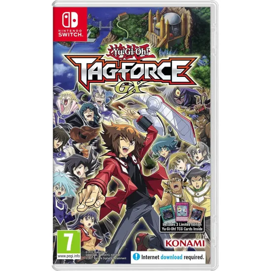 Nintendo Switch game case for Yu-Gi-Oh TAG FORCE GX displaying partner characters and iconic anime monsters