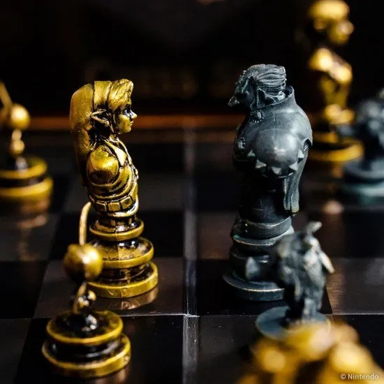 The Legend of Zelda Chess set showing Link as the King and Ganondorf as the opposing King on a themed board